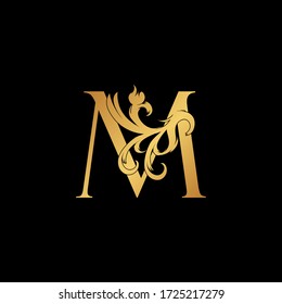 Elegant Luxury Letter M golden logo vector, alphabet font in art decoration style.