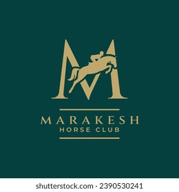 Elegant luxury letter M monogram horse jumping logo, letter M horse logo, show jumping horse logo, logo type, typography.