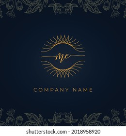 Elegant luxury letter ME logo. This icon incorporate with abstract rounded thin geometric shape in floral background.It will be suitable for which company or brand name start those initial.