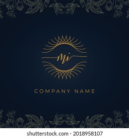 Elegant luxury letter MI logo. This icon incorporate with abstract rounded thin geometric shape in floral background.It will be suitable for which company or brand name start those initial.