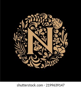 Elegant Luxury Letter N Circle Floral Flowers