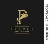 Elegant luxury letter P monogram horse jumping logo, letter P horse logo, show jumping horse logo, logo type, typography.