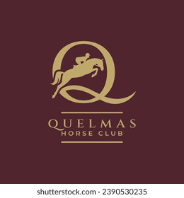 Elegant luxury letter Q monogram horse jumping logo, letter Q horse logo, show jumping horse logo, logo type, typography.