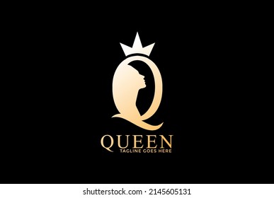 Elegant Luxury Letter Q with Woman Girl Lady Female Silhouette Crown for Queen Logo Design Vector