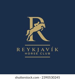 Elegant luxury letter R monogram horse jumping logo, letter R horse logo, show jumping horse logo, logo type, typography.