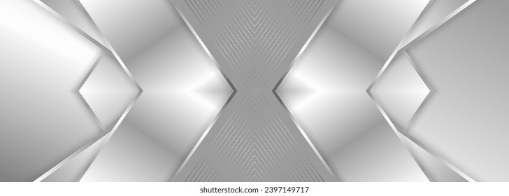 Elegantes, helles, silberfarbenes Banner. Abstrakter geometrischer, breiter metallischer Hintergrund mit silbernen Farbverlauf-Linien, Rahmen, Pfeilen und Schatten. Vektorgrafik