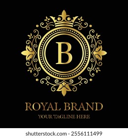 Elegant luxury logo design B with gold crown and floral elements for premium royal branding  
