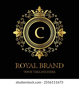 Elegant luxury logo design C with gold crown and floral elements for premium royal branding  
