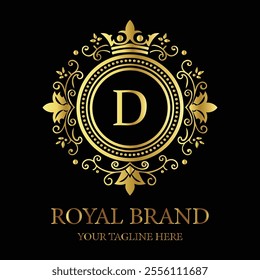 Elegant luxury logo design D with gold crown and floral elements for premium royal branding  
