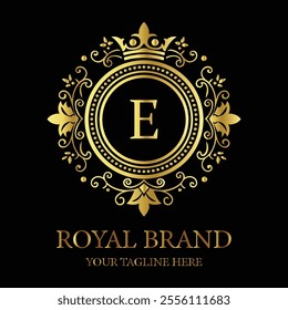 Elegant luxury logo design E with gold crown and floral elements for premium royal branding  
