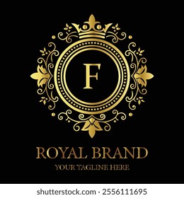 Elegant luxury logo design F with gold crown and floral elements for premium royal branding  
