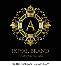 Elegant luxury logo design A with gold crown and floral elements for premium royal branding  
