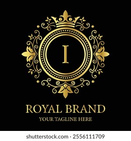 Elegant luxury logo design I with gold crown and floral elements for premium royal branding  
