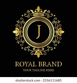 Elegant luxury logo design J with gold crown and floral elements for premium royal branding  
