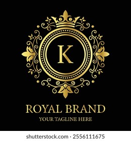 Elegant luxury logo design K with gold crown and floral elements for premium royal branding  
