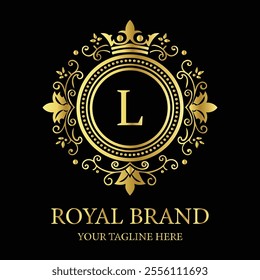 Elegant luxury logo design L with gold crown and floral elements for premium royal branding  
