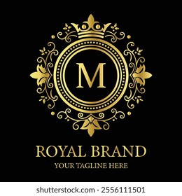 Elegant luxury logo design M with gold crown and floral elements for premium royal branding  
