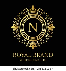 Elegant luxury logo design N with gold crown and floral elements for premium royal branding  
