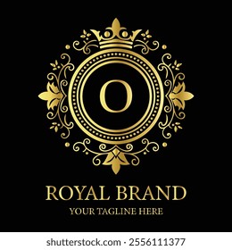 Elegant luxury logo design O with gold crown and floral elements for premium royal branding  
