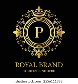 Elegant luxury logo design P with gold crown and floral elements for premium royal branding  
