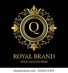 Elegant luxury logo design Q with gold crown and floral elements for premium royal branding  
