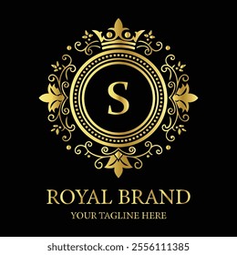 Elegant luxury logo design S with gold crown and floral elements for premium royal branding  
