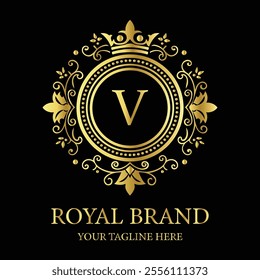 Elegant luxury logo design V with gold crown and floral elements for premium royal branding  
