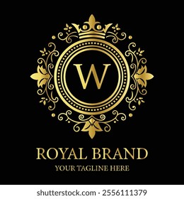 Elegant luxury logo design W with gold crown and floral elements for premium royal branding  
