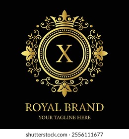 Elegant luxury logo design X with gold crown and floral elements for premium royal branding  
