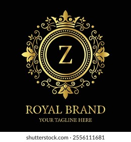 Elegant luxury logo design Z with gold crown and floral elements for premium royal branding  
