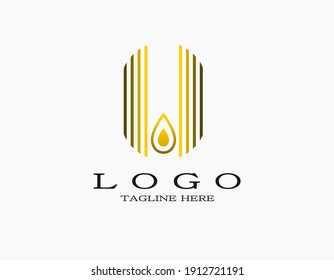 Elegant luxury logo with small fire between the lines. Droplets logo in the middle. golden vector. 
