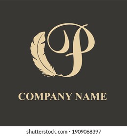Elegant Luxury P Initial Letter with Feather for copywriter, storytelling, lawyer, story, fiction, legal logo vector design