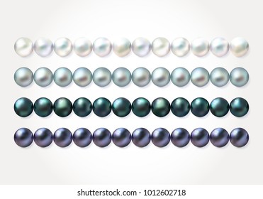 Elegant luxury pearl border frame. Vector beads necklace set isolated on white background. Realistic pattern with 3d  white, gray, peacock and black pearls.
