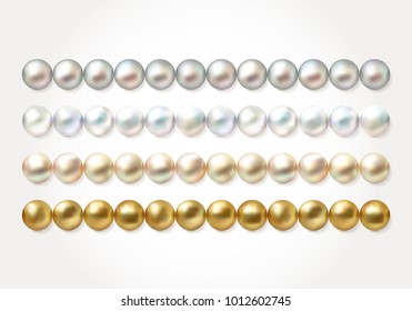 Elegant luxury pearl border frame. Vector beads necklace set isolated on white background. Realistic pattern with 3d  gold, white, cream and gray pearls.