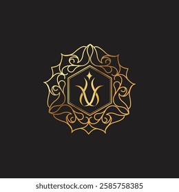 Elegant Luxury perfum logo design letter M gold with a dark background for your perfume company, parfumerie and more business like cosmetics boutique, beauty, floral,.eps