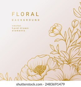 Elegant luxury pink beige background with gold hand drawn flower pattern. Floral frame. Vector template for wedding invitation, greeting card, social media post, packaging, branding, design, cover