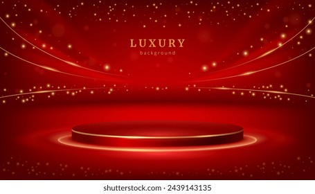 Elegant luxury podium for product presentation or advertisement promo. Vector modern showcase place with golden curves and decorative flakes. Minimalist exhibition space, luxurious stand