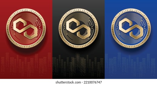 Elegant and luxury Polygon (MATIC) cryptocurrency coin set template. Virtual money logo symbol based on blockchain technology vector background. 