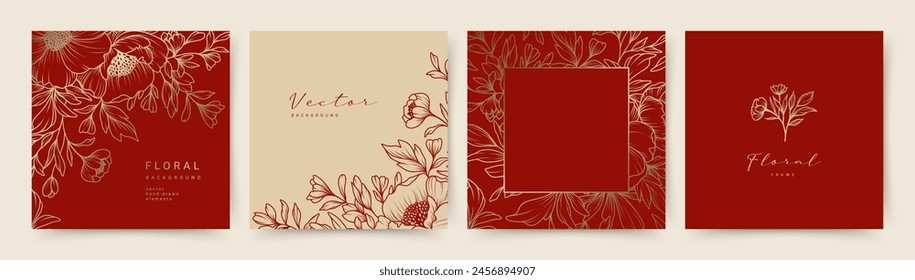 Elegant luxury red background with hand drawn gold flower pattern. Floral frame. Vector templates for social media post, wedding invitation, greeting card, packaging, branding, design