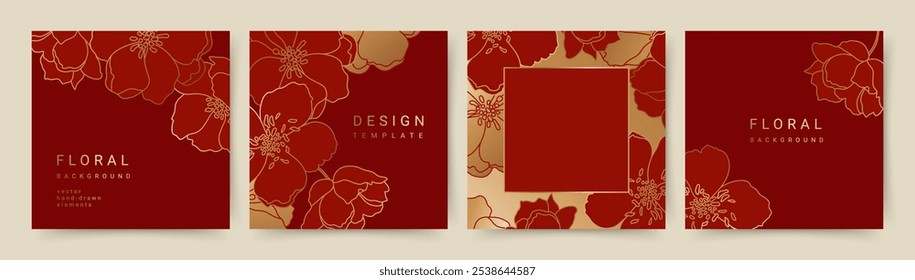 Elegant luxury red background with hand drawn gold flower pattern. Floral frame. Vector templates for social media post, wedding invitation, greeting card, packaging, branding, design