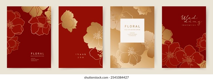 Elegant luxury red background with hand drawn gold floral pattern. Flower frame. Vector templates for wedding invitation, greeting card, packaging, branding, design, social media 