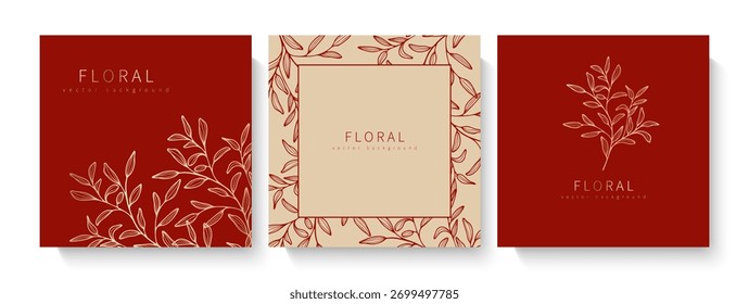 Elegant luxury red background with hand drawn gold flower pattern. Floral frame.