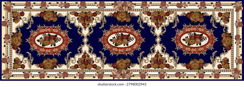 Elegant luxury runner carpet design featuring vintage rose bouquets, floral medallions, ornate scrollwork, and decorative botanical borders on a rich green background. Inspired by classic European decorative art and Victorian textile design, this sophisticated floral pattern combines symmetrical compositions, romantic flower arrangements, and ornamental details to create a timeless and luxurious appearance. Perfect for carpet manufacturing, textile printing, wallpaper, upholstery, home decor, interior design, decorative backgrounds, luxury branding, and premium surface pattern projects. High-resolution floral artwork showcasing vintage elegance, craftsmanship, and refined ornamental beauty.