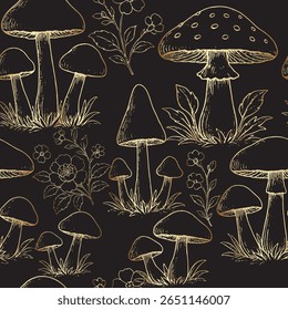 Elegant luxury seamless pattern with hand drawn golden line art mushrooms and flowers on a black background. Vintage forest botanical vector design with a luxurious engraved style. Endless texture.
