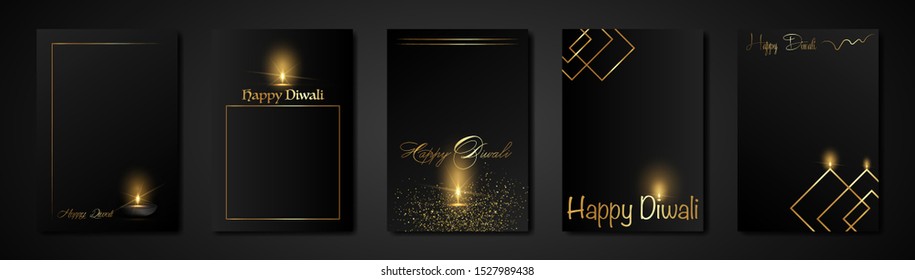 Elegant luxury set Happy Diwali Indian lights festival greeting black cards template. Hindu Diwali Golden ornament and candle light flame, burning oil lamps night effect, gold black background