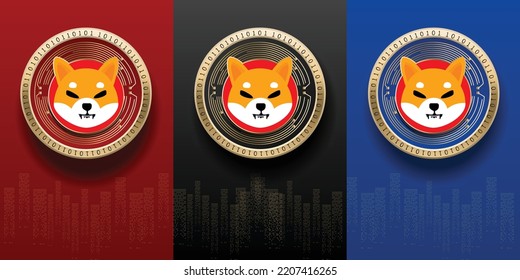 Elegant and luxury Shiba Inu (SHIB) cryptocurrency coin set template. Virtual money logo symbol based on blockchain technology vector background. 