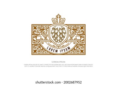 Elegant Luxury Shield Lion King Crown with Hop for Craft Beer Brewing Brewery Badge Emblem Label Logo Design Vector