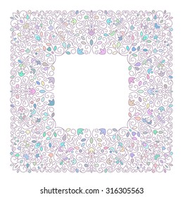 Elegant luxury varicolored floral frame. Square design template. Line art vector illustration.
