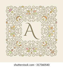 Elegant luxury varicolored floral frame with letter A. Square design template. Monogram identity, business sign, logo design. Lineart vector illustration.