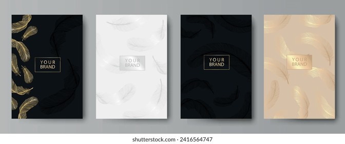 
Elegant luxury vector cover set gold, silver with hand drawn feathers